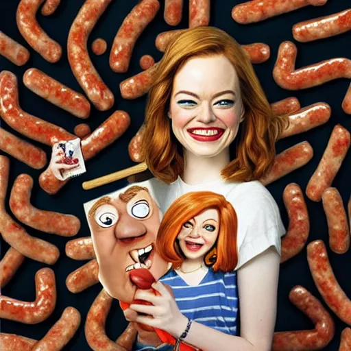 Image similar to hyperrealistic emma stone caricature surrounded by long fat frankfurter sausages by bob byerley and aardman animation, mascot, target reticles