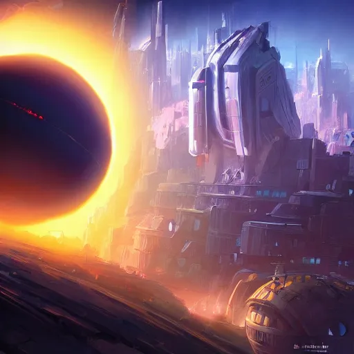 Image similar to black hole rising above city, city destroyed by shockwave, black hole with accretion disс, digital art, art by tyler edlin, finnian macmanus