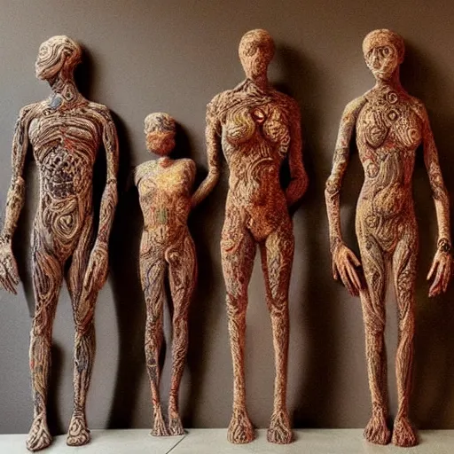 Image similar to dmt bodies. Mesh of human figures intertwined. earthen colors. Realistic marble sculptures.