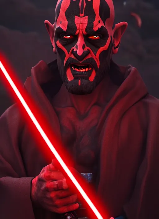 Image similar to Jesus Christ as Darth Maul the Sith, 8k octane beautifully detailed render, post-processing, extremely hyperdetailed, intricate, epic composition, grim yet sparkling atmosphere, cinematic lighting + masterpiece, trending on artstation