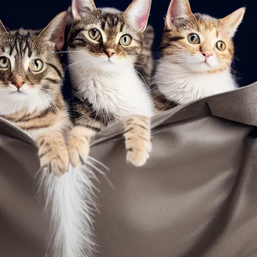 Prompt: a highly detailed photo of multiple furry cats, they are inside a big sack, gray background, studio lighting, 4 k, 8 k