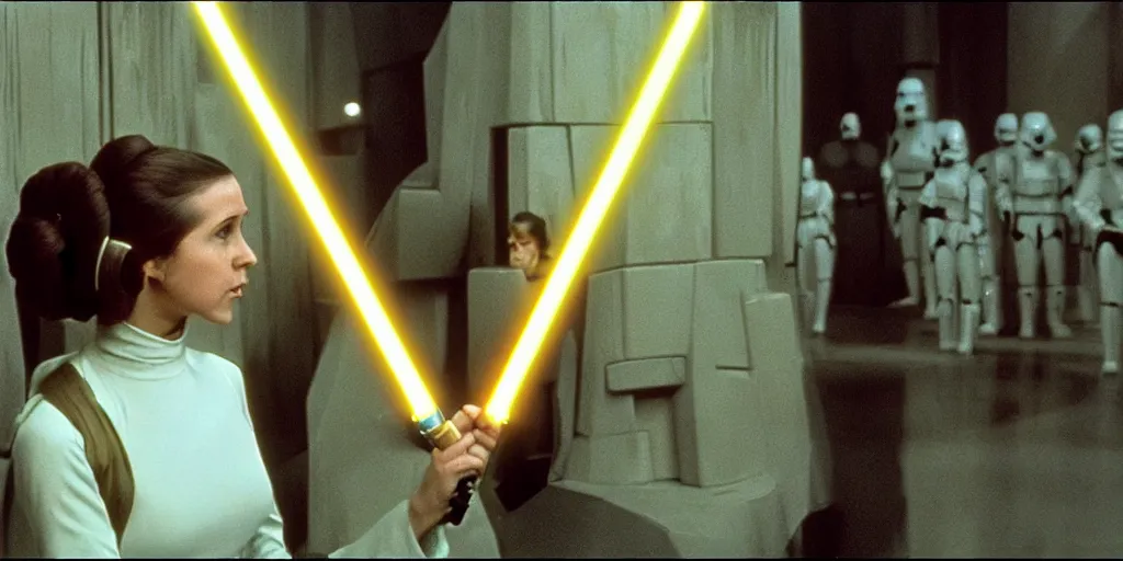 Prompt: screenshot of Princess Leia training to use a yellow lightsaber at a new Jedi Temple scene from The Force Awakens, 1970s film by Stanley Kubrick, serene, iconic scene, stunning cinematography, hyper detailed, sharp, anamorphic lenses, kodak color film, 4k