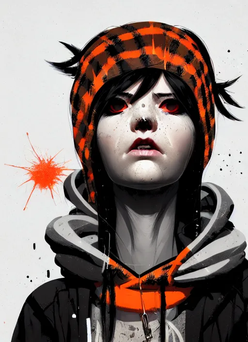 Image similar to highly detailed closeup portrait of a sewer punk lady student, tartan hoodie, white hair by atey ghailan, by greg rutkowski, by greg tocchini, by james gilleard, by joe fenton, by kaethe butcher, gradient, orange, black, brown and cream color scheme, grunge aesthetic!!! white graffiti tag wall background