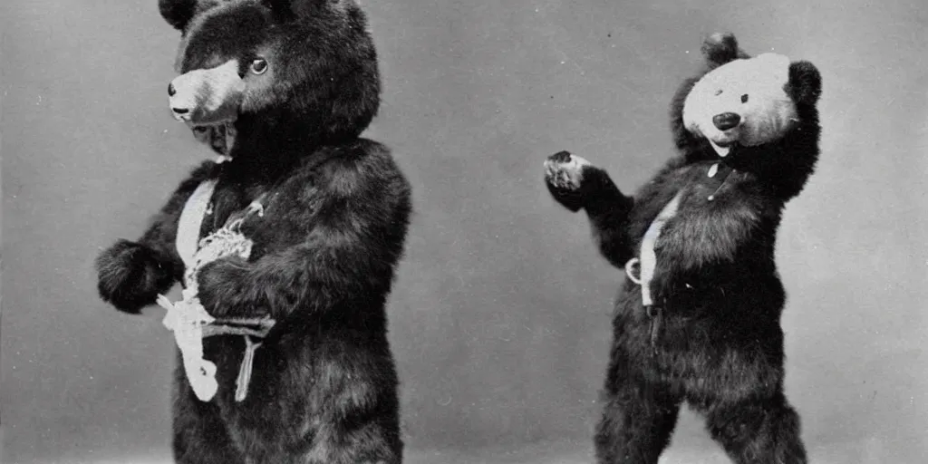 Prompt: anthropomorphic asian black bear in cosplay, 1900s photo