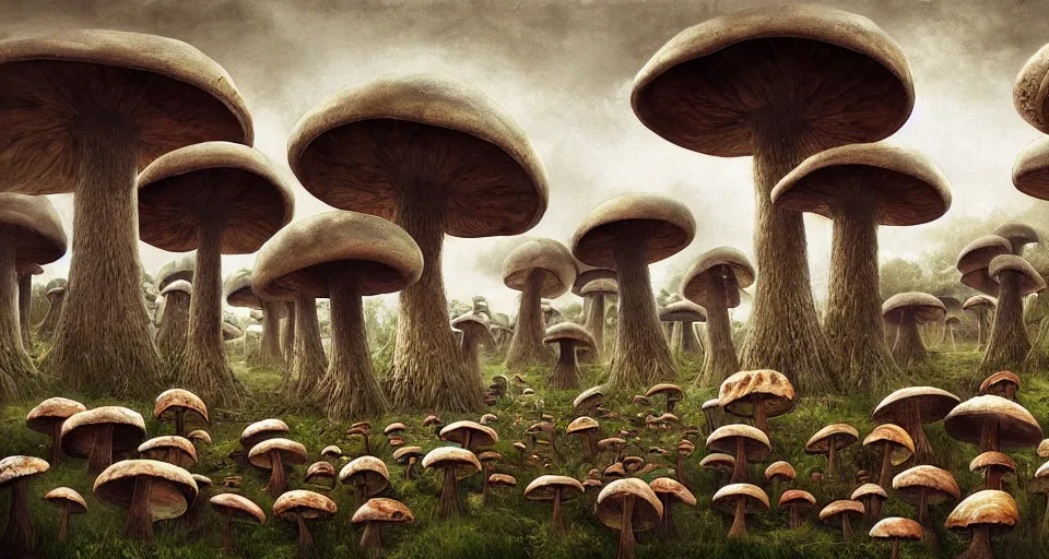 Prompt: A tribal village in a forest of giant mushrooms, by Sam Spratt