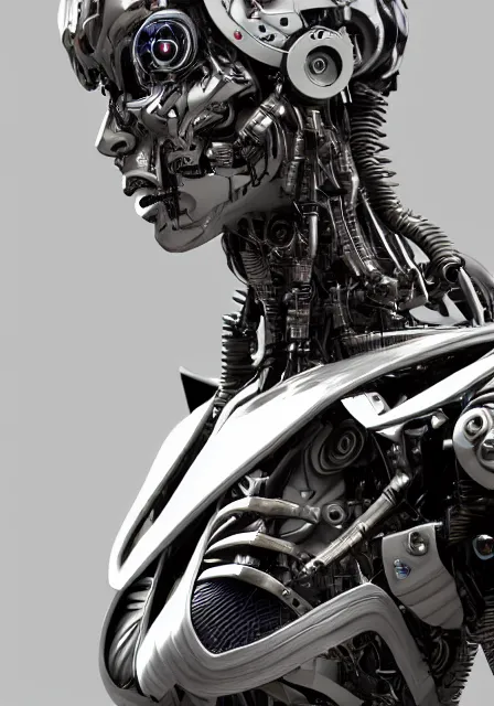 Image similar to complex 3 d render hyper detail portrait of a mechanical cyborg robot, sci fi, full body, intricate, art by kazuhiko nakamura and hajime sorayama, 8 k octane detailed render, post - processing, extremely hyperdetailed, intricate futuristic mechanic parts, maya, dark background, sharp focus, blender, cinematic lighting + masterpiece, trending on artstation