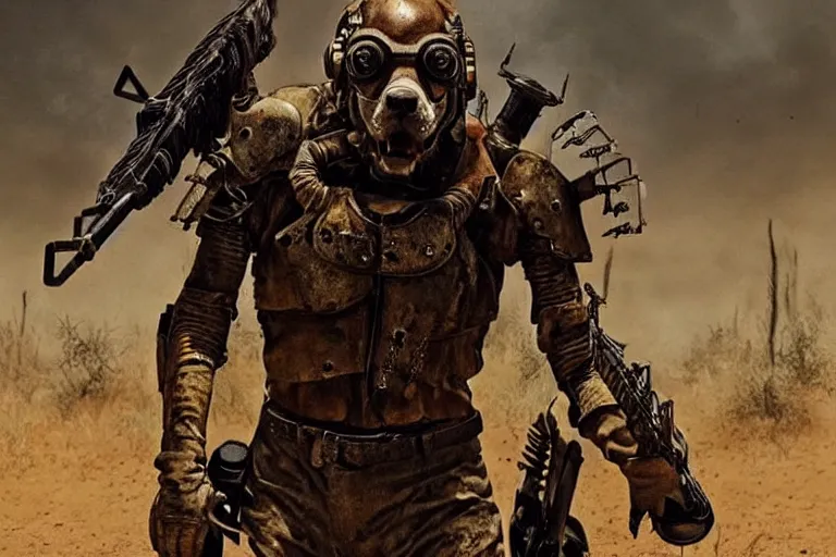 Image similar to a good ol'hound dog fursona ( from the furry fandom ), heavily armed and armored facing down armageddon in a dark and gritty version from the makers of mad max : fury road. witness me.