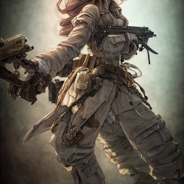 Image similar to the portrait of lawful neutral semi - colorful female infantry gunner as absurdly beautiful, gorgeous, elegant, young anime woman, an ultrafine hyperdetailed illustration by kim jung gi, irakli nadar, intricate linework, bright colors, octopath traveler, final fantasy, unreal engine 5 highly rendered, global illumination, radiant light, detailed and intricate environment