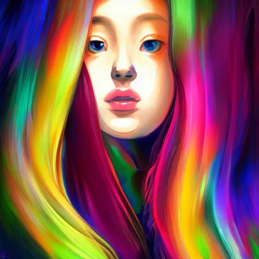 Prompt: a painting of a hard surfaces girl with long hair, digital art by ryuzaburo umehara, featured on pixiv, detailed illustration, digital art, synchromism, flat shading, full body, metaphysical painting, speedpainting, digital painting, holographic undertones, highly saturated colors, 4 k, digital art, concept art, trending on artstation