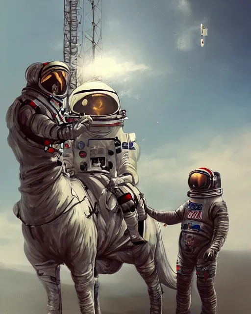 Image similar to sitting astronaut under the horse holding rig, artstation