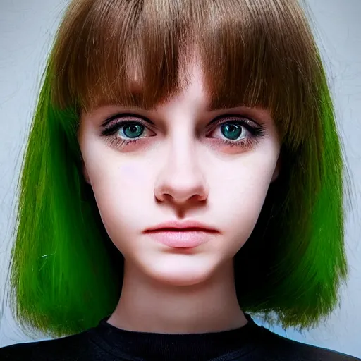 Image similar to brunette with dyed blonde hair, 18 years old, 155 cm tall, flat ironed hair, green big eyes, small nose, small mouth, round shaped face, big forehead, lop eared, full body shot, thin eyebrows, real life photograph