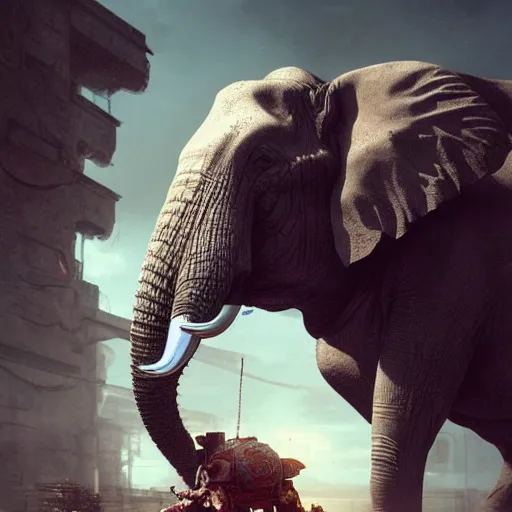Prompt: Cyborg elephant in battle, by Cedric Peyravernay, highly detailed, excellent composition, cinematic concept art, dramatic lighting, trending on ArtStation
