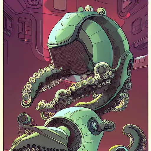 Image similar to robotic Octopus in an airlock, Industrial Scifi, detailed illustration, character portrait, by Martin Grip and Moebius