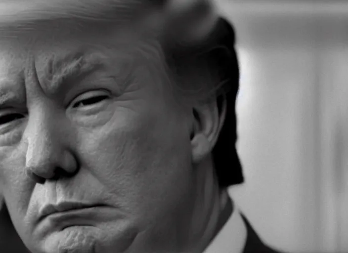 Prompt: screenshot wide shot from moody scene of Donald Trump pensive, in High and Low, 1963 film directed by Akira Kurosawa, kodak film stock, black and white, anamorphic lens, 4K, detailed, stunning cinematography and composition shot by Takao Saito, 70mm