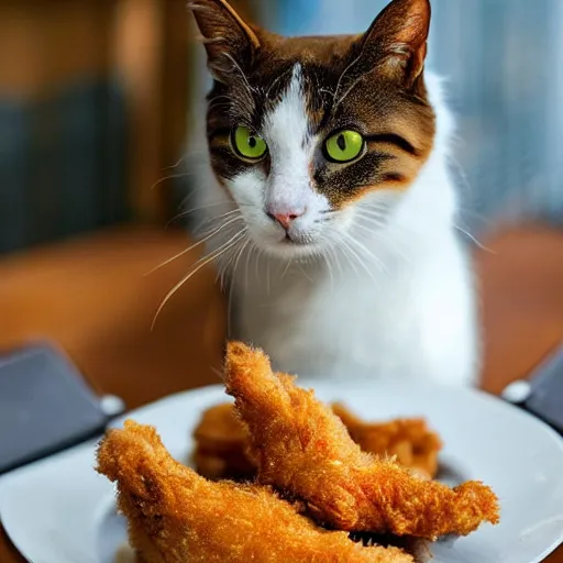 Prompt: a cat made from deep fried chicken