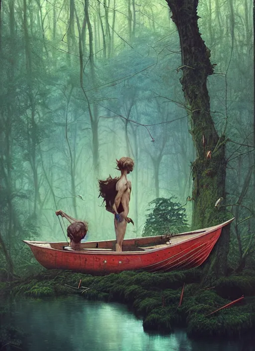 Image similar to boat in the woods by a river gorgeous lighting, lush forest foliage blue sky a hyper realistic painting by chiara bautista and beksinski and norman rockwell and greg rutkowski, tom bagshaw weta studio, and lucasfilm