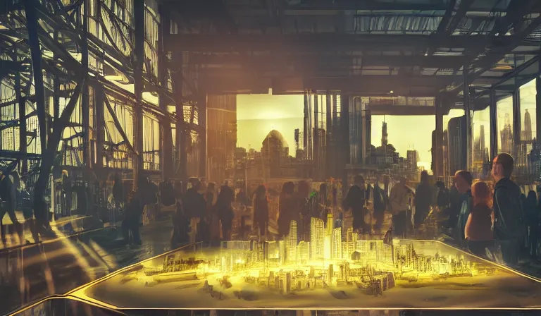 Image similar to group of people in simple warehouse, looking at hologram of futuristic city on a table, cinematic concept art, godrays, golden hour, natural sunlight, 4 k, clear details, tabletop model buildings, center model buildings, hologram center, crane shot, crane shot, crane shot