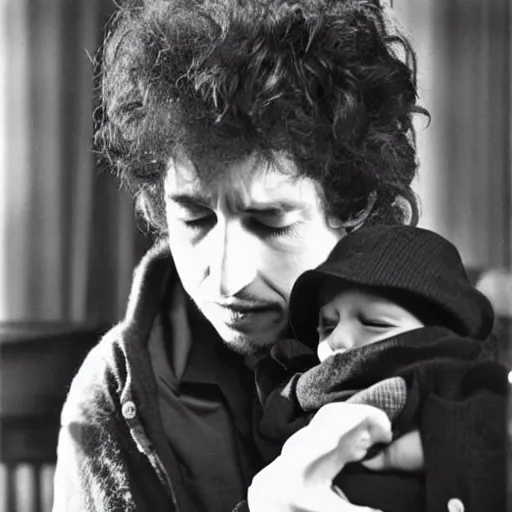 Image similar to bob dylan cradling the eraserhead baby like a baby, photograph, 1 9 6 5