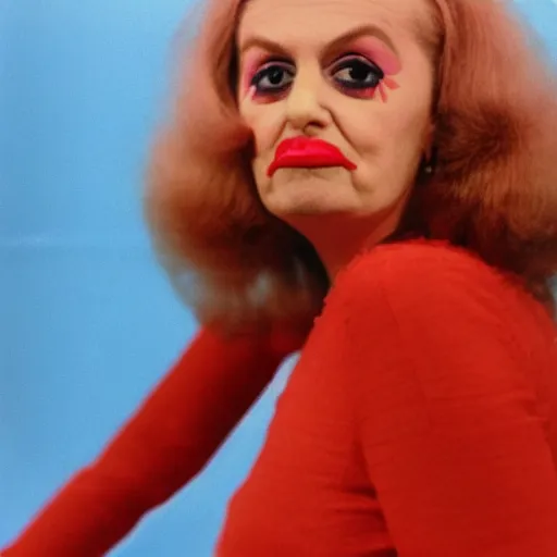 Image similar to 1976 woman on a television show with a long pickle snout nose, big nostrils, wearing a dress, 1976 French film color archival footage technicolor film expired film 16mm Fellini new wave John Waters Russ Meyer movie still