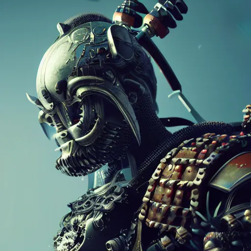 Prompt: a stunningly detailed octane render of a cyborg samurai, robotic features, artstation and behance, ray traced, unreal engine
