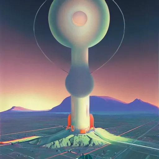 Image similar to powerful chilled land pearnuclear explosion phantasm, by chesley bonestell and beeple, oil on canvas, child's drawing