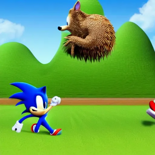 Prompt: sonic the hedghehogd and a snail doing a running race and the snail is winning