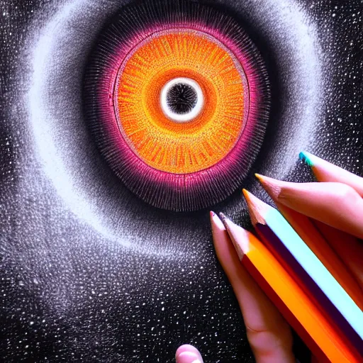 Image similar to hyper realistic pencil drawing of the human eye in the shape of snail shell, space background, unlimited detail, colored, space, dragon, intricate, detail, phoenix, orange