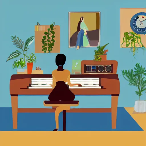 Image similar to gouache portrait of a woman with brown hair programming a computer, photograph of the whole room, colorful computer screen, home office with plants, colorful kid toys all over the floor, piano in the background, cosy, serene, morning light, very detailed, vivid colors, solid color background, steampunk