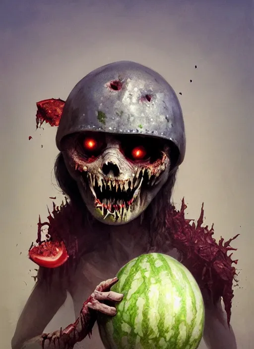 Image similar to hyper realistic photography portrait of smiling zombie with a watermelon helmet cinematic, greg rutkowski, brom, james gurney, mignola, craig mullins, artstation, cgsociety