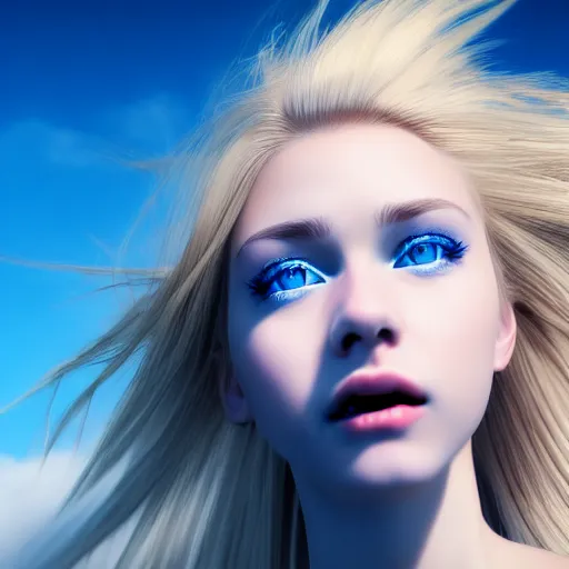 Image similar to ultra realistic and ultra detailed picture of a beautiful girl with blond hair and blue eyes falling through the sky, 4 k