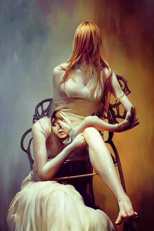 Image similar to a beautiful woman tied to a chair using spaghetti, a woman wrapped in spaghetti, painting by Charlie Bowater and Gerald Brom