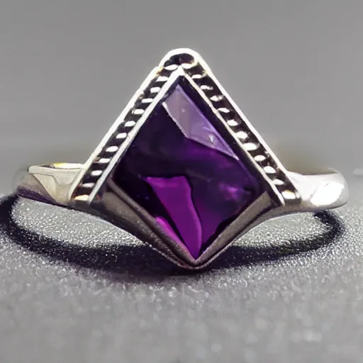 Image similar to a beautiful engagement ring, triangle purple gemstone, made out of shiny silver, high quality, photo realistic, detailed, 8k