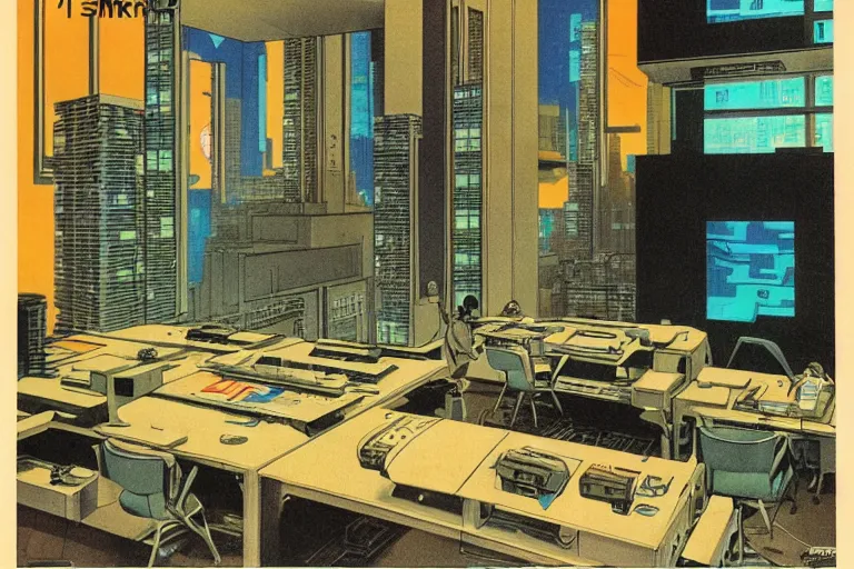 Prompt: 1979 OMNI Magazine Cover depicting a large architectural drafting room. Cyberpunk Akira style by Vincent Di Fate