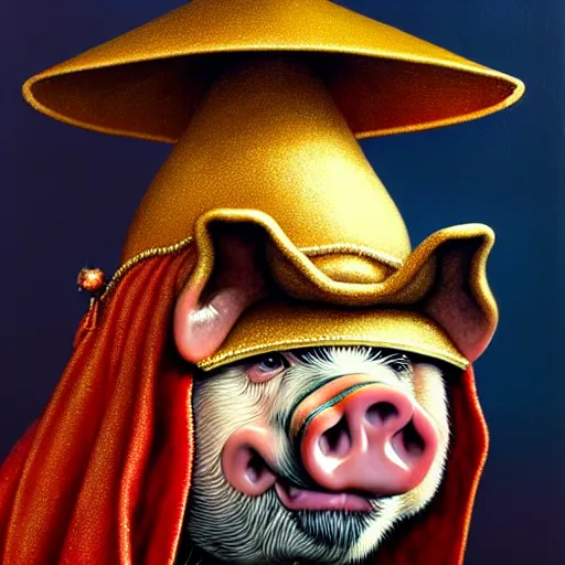 Image similar to rpg! profile!!! portrait of humanoid pig on white background, wizard hat, wizard cloak, surreal, vintage doll, intricate, highly detailed, digital painting, artstation, concept art, smooth, sharp focus, illustration, art by norman rockwell emiliano ponzi andrey remnev yoann lossel aaron jasinski, 8 k