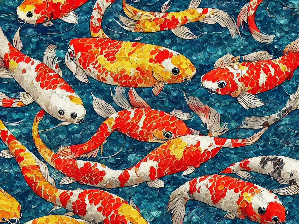 Image similar to breathtaking detailed concept art painting kaleidoscope of koi carp collage illustration pattern, 1 5 0 mm, tiny, small, miniature, short, cute and adorable, digital painting, highly detailed, intricate, elegant, artstation, concept art, colorful, beautiful, studio ghibli, aoshima chiho, takashi murakami, manga, cute and adorable