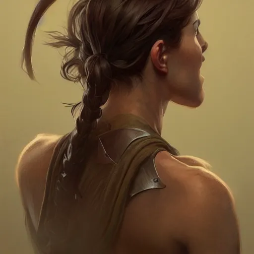 Image similar to back portrait of a rugged female ranger, full body, hairy torso, D&D, fantasy, intricate, elegant, highly detailed, digital painting, artstation, concept art, matte, sharp focus, illustration, art by Artgerm and Greg Rutkowski and Alphonse Mucha