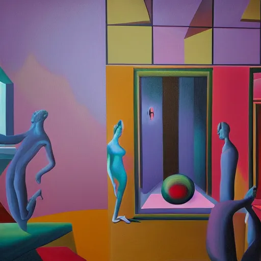 Prompt: A surrealist oil on canvas painting depicting three rooms with three different figures doing three different dramatic poses, pastel colours, dreamy, vibrant, uplifting, 8k render