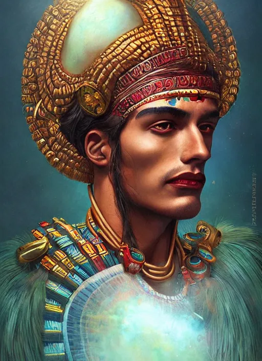 Image similar to portrait of aztec masculine god quetzalcoatl, by bogdan rezunenko and denys tsiperko and tom bagshaw, magic realism