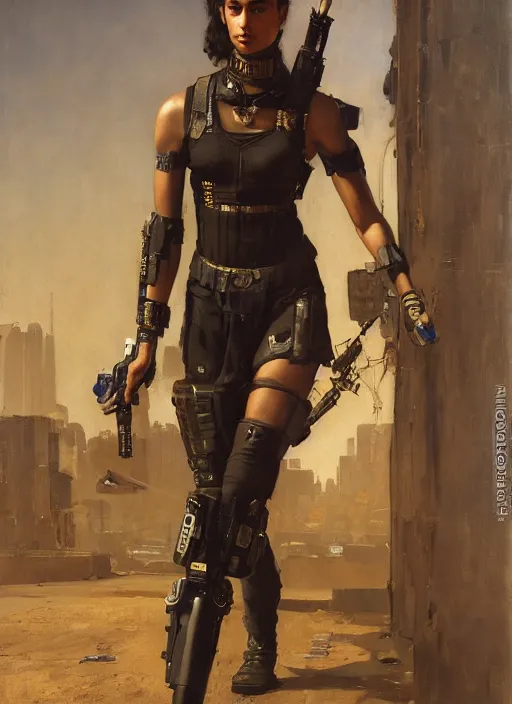 Image similar to buff Sophia. beautiful cyberpunk soldier wearing a military vest and military jumpsuit (cyberpunk 2077). gorgeous african face. Iranian orientalist portrait by john william waterhouse and Edwin Longsden Long and Theodore Ralli and Nasreddine Dinet, oil on canvas. Cinematic, hyper realism, realistic proportions, dramatic lighting, high detail 4k