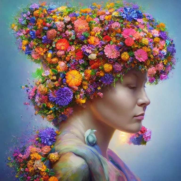 Prompt: a beautiful oil painting hyperrealism of a beautiful woman covered in flower bouquets, floral headdress, 8 k resolution, octane render, trending on artstation, by gediminas pranckevicius, volumetric light 2 blue fractal thunder glow by dan mumford, anaglyph effect, laurie lipton