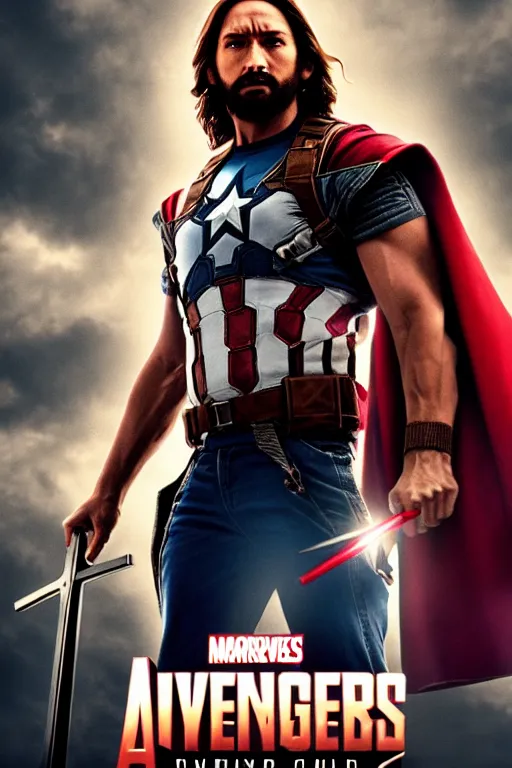 Prompt: poster for a jesus christ avengers movie, jesus posing with his cross as a weapon, photorealistic, cinematic lighting, extremely detailed, marvel cinematic universe