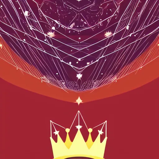 Image similar to a glowing minimal elegant crown sitting on a table with one large beautiful eye on top of it like a jewel, stars on top of the crown, night time, vast cosmos, geometric light rays exploding outwards into stars, bold black lines, flat colors, minimal psychedelic 1 9 5 0 s poster illustration