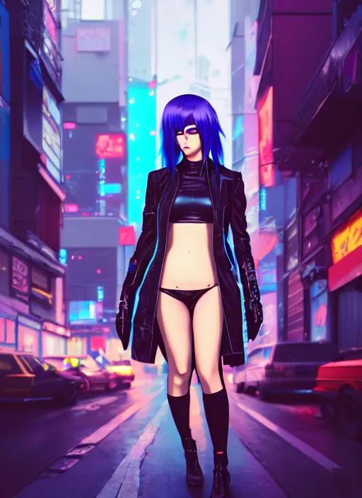 Prompt: hyper realistic photograph portrait of cyberpunk pretty girl with blue hair, wearing a sexy leather outfit, in city street at night, by makoto shinkai, ilya kuvshinov, lois van baarle, rossdraws, basquiat