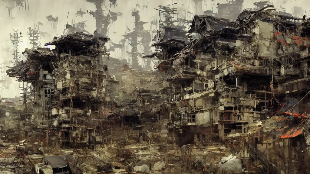 Prompt: post - apocalyspe settlement with houses, hydroponic farms, painted by tsutomu nihei, painted by eddie mendoza, painted by ilya repin