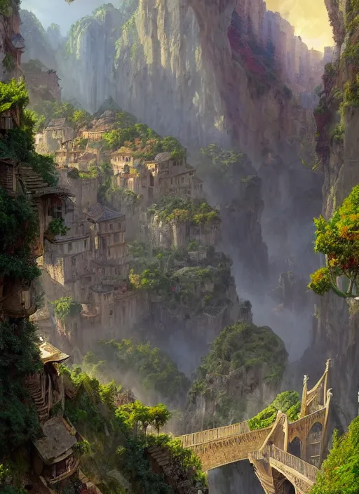 Image similar to medieval city built on terraces in a gigantic canyon, lots of buildings connected by suspension bridges, waterfalls, warm glow coming the ground, lush vegetation, pitchblack sky, extremly detailed digital painting, in the style andreas rocha and greg rutkowski and peter mohrbacher, rim light, beautiful lighting, 8 k, stunning scene, octane, trending on artstation