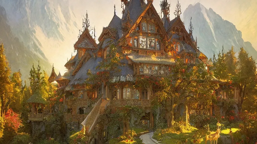 Image similar to a beautiful painting of art nouveau swiss chalet elven rivendell at sunrise in the distant mountains, intricate, elegant, highly detailed, digital painting, artstation, concept art, by krenz cushart and artem demura and alphonse mucha