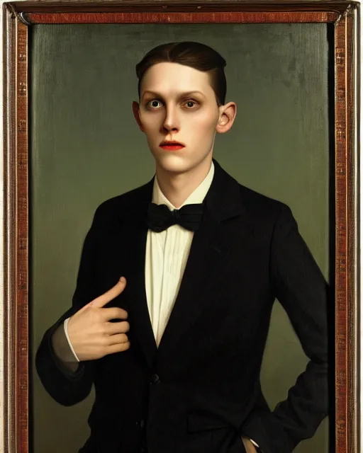 Image similar to portrait of young man wearing black medical mask, suit and tie, style of james c. christensen