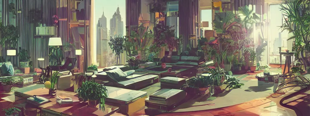 Prompt: concept art, retro - futurist penthouse, night - time, designer furniture, high ceiling, 6 0 s colour palette, plants, flowers, floor lamps, multi - level, reflections, soft lighting, city view, bladerunner, james jean, syd mead, akihiko yoshida, cinematic