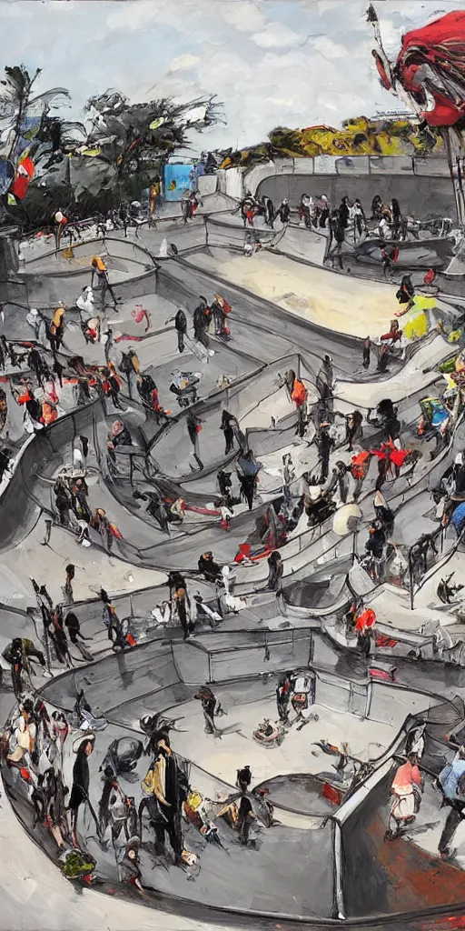 Image similar to oil painting scene skatepark with skaters and ramp by kim jung gi