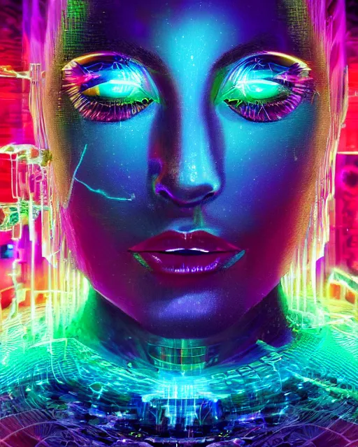 Image similar to a powerful energy psychedelic matrix queen, by alexander fedosav, hyper detailed digital matte painting, concept art, hyperrealism, 1 6 k resolution, cinema 4 d, 8 k resolution, trending on artstation, behance hd, a masterpiece, by stephan martiniere, particles, cel - shaded, power bright neon energy, by david a. hardy,